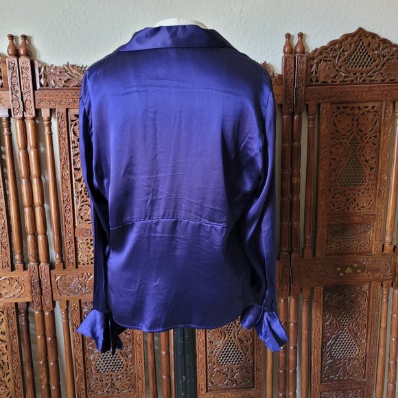 Anne Klein AK Dark Purple Ruffled Silk Fitted Button Down Blouse - As Is - Picture 7 of 12